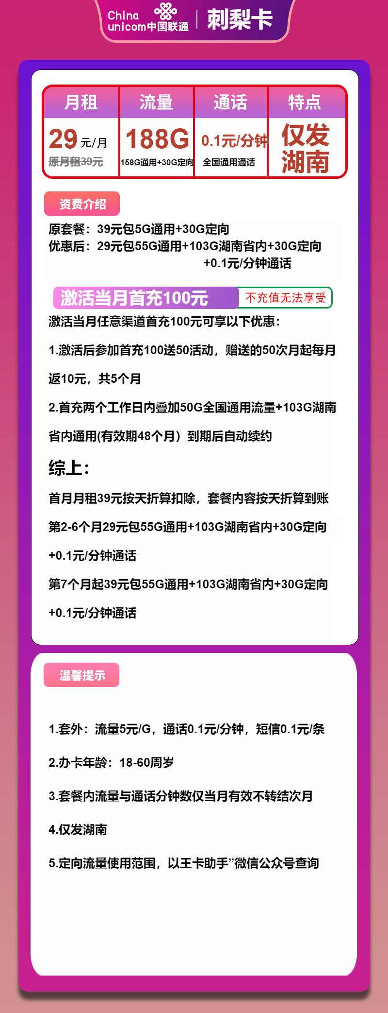 联通刺梨卡29元月包158G通用流量+30G定向流量+通话0.1元/分钟（第7个月起39元月租，长期套餐，仅发湖南省内）