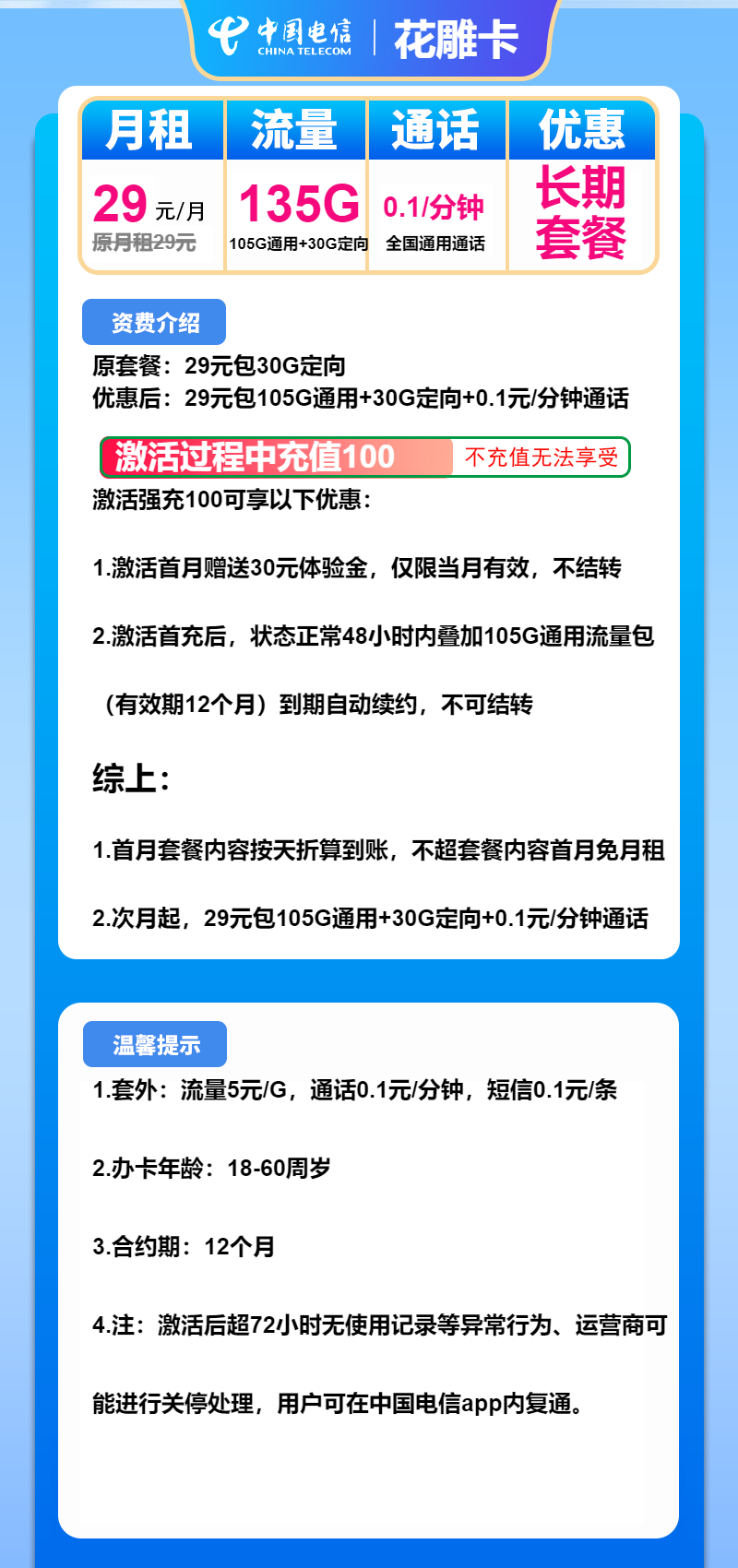 电信花雕卡①29元月包105G通用流量+30G定向流量+通话0.1元/分钟（长期套餐）