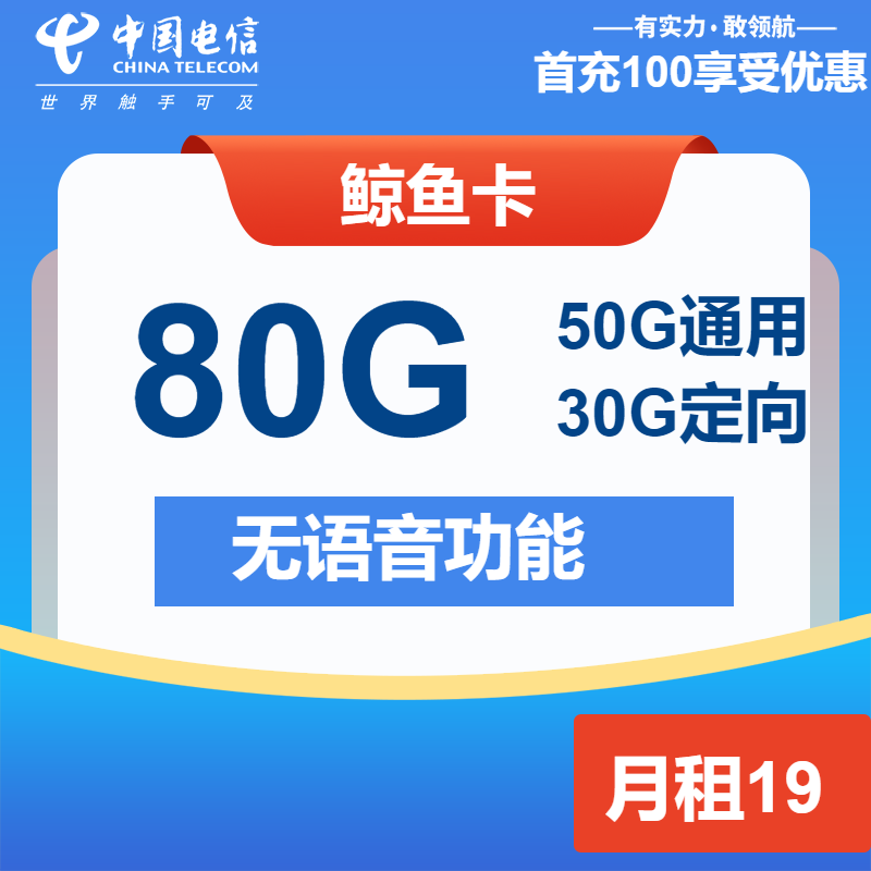 电信鲸鱼卡19元月包50G通用流量+30G定向流量+无语功能（第7个月起29元，第14个月起39元月租，长期套餐）