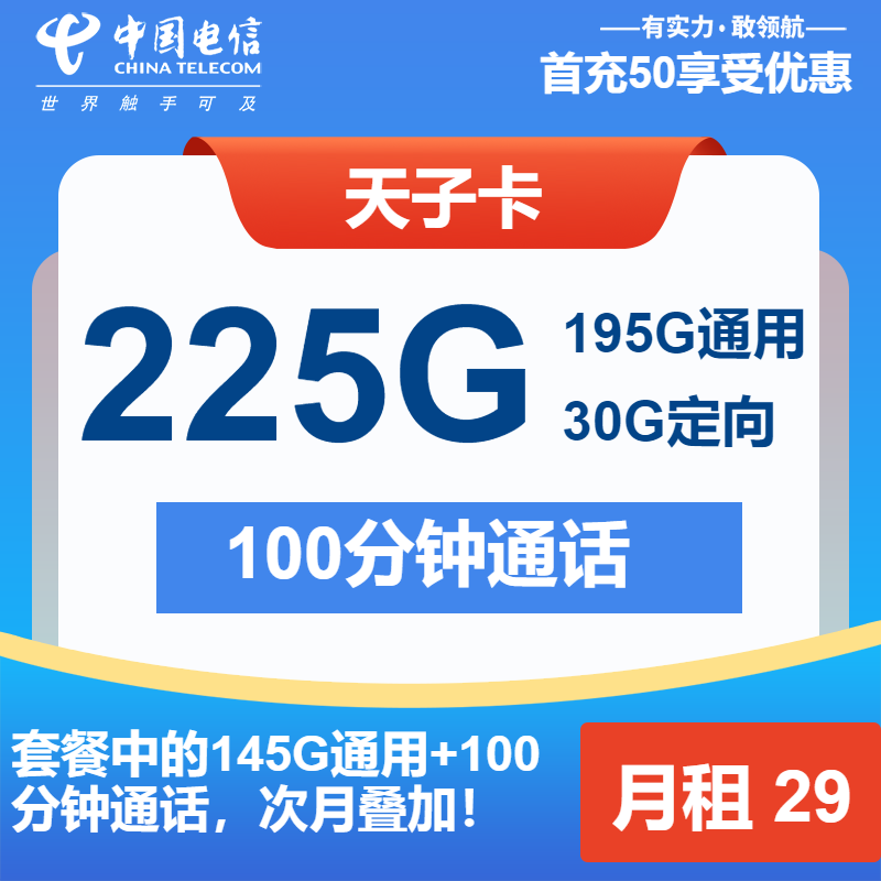 电信天子卡29元月包195G通用流量+30G定向流量+100分钟通话（长期套餐）
