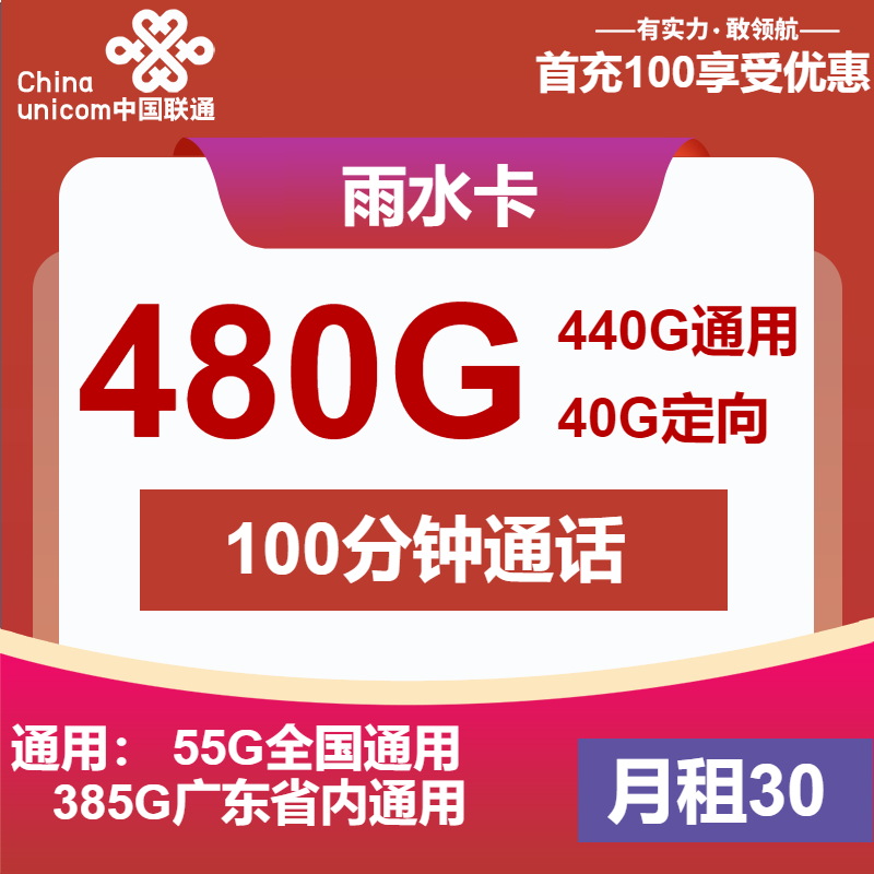联通雨水卡30元月包385G广东通用流量+55G全国通用流量+40G定向流量+100分钟通话（4年套餐，仅发广东省内）