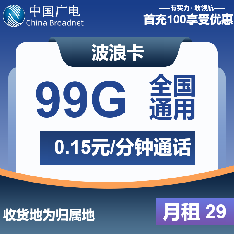 广电波浪卡29元月包99G通用流量+通话0.15元/分钟（长期套餐，收货地为归属地）