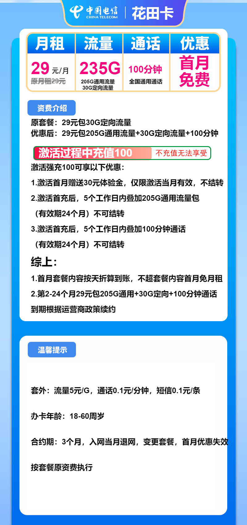 电信花田卡29元月包205G通用流量+30G定向流量+100分钟通话