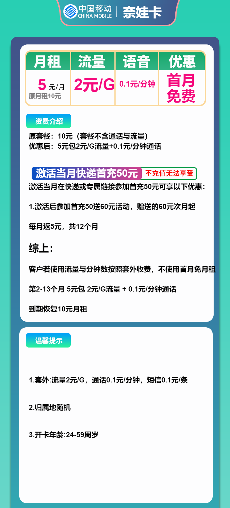 移动奈娃卡5元月包2元/G+通话0.1元/分钟