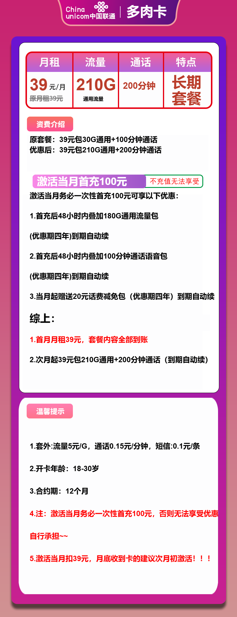联通多肉卡39元月包210G通用流量+200分钟通话（长期套餐）