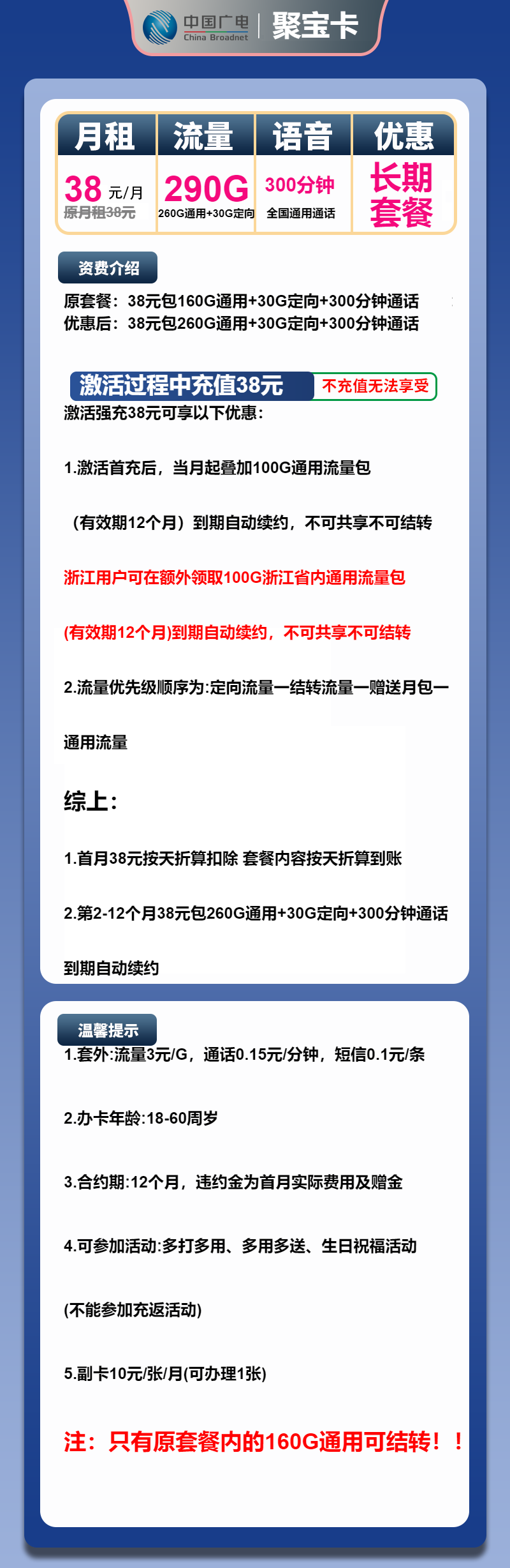 广电聚宝卡38元月包260G通用流量+30G定向流量+300分钟通话（长期套餐）