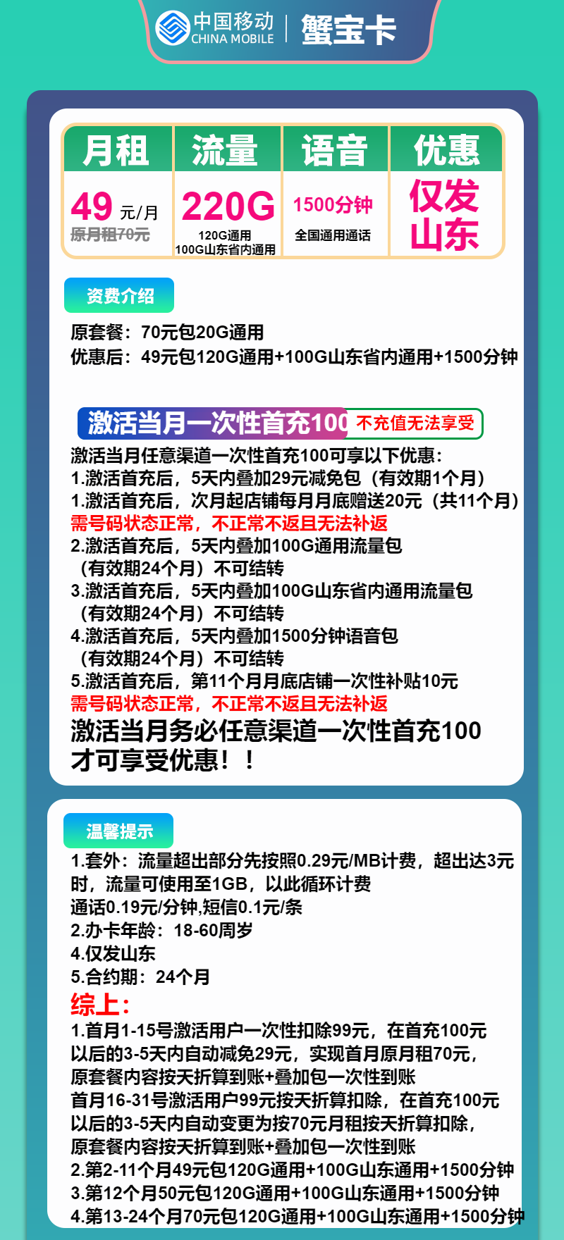 移动蟹宝卡49元月包120G通用流量+100G山东通用流量+1500分钟通话（大流量卡，大通话，仅发山东省内）