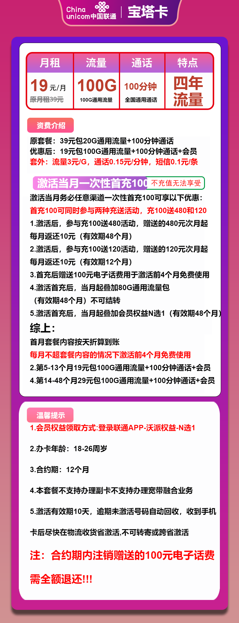 联通宝塔卡19元月包100G通用流量+100分钟通话（第14个月起29元月租，4年套餐）