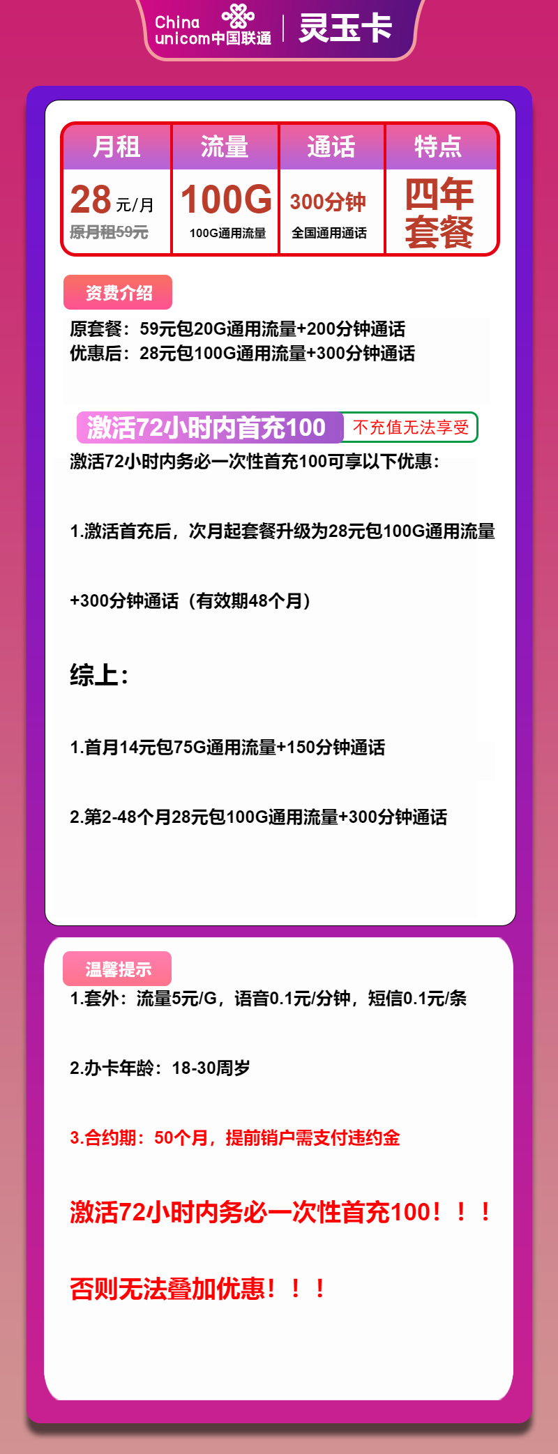 联通灵玉卡28元月包100G通用流量+300分钟通话(4年套餐)