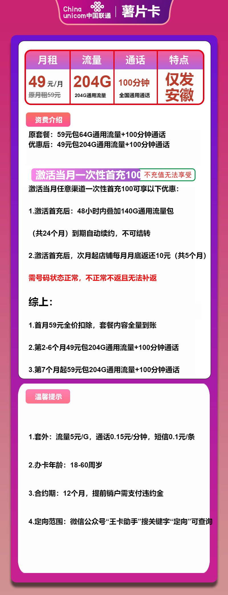 联通薯片卡49元月包204G通用流量+100分钟通话（第7个月起59元月租，长期套餐，仅发安徽省内）