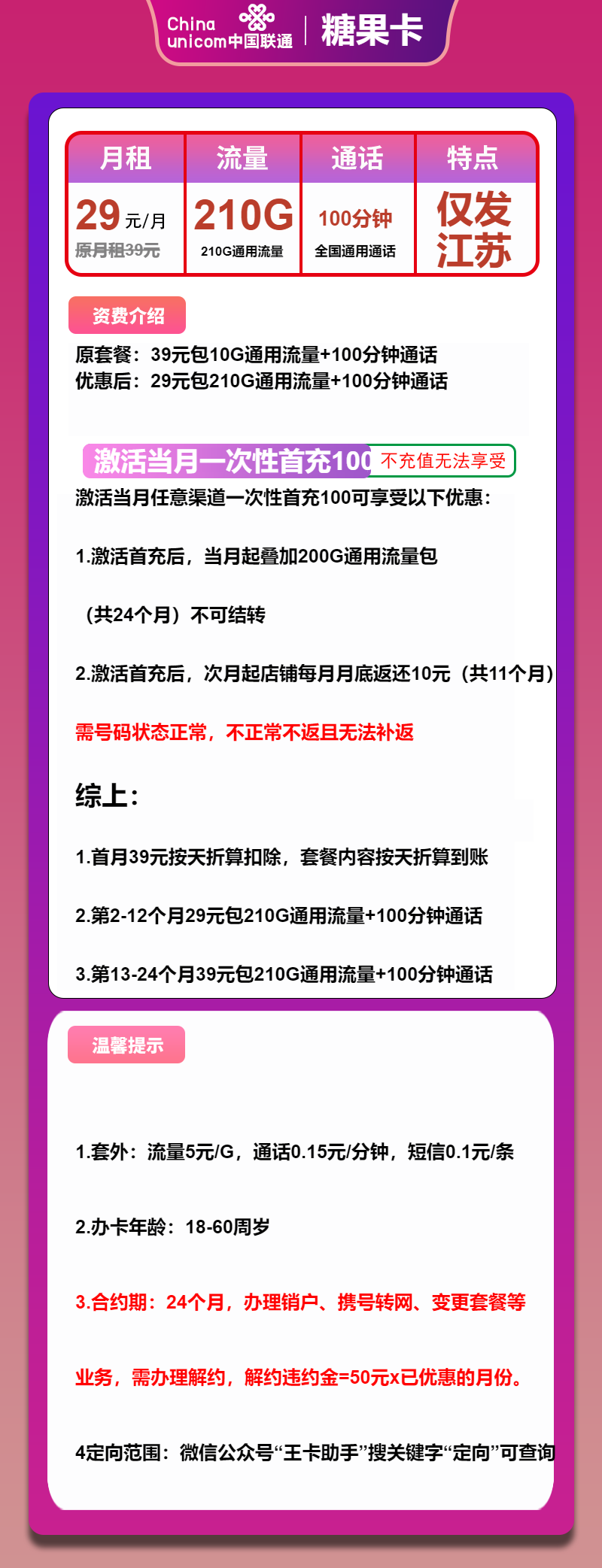 联通糖果卡29元月包210G通用流量+100分钟通话（第13个月起39元月租，大流量卡，仅发江苏省内）