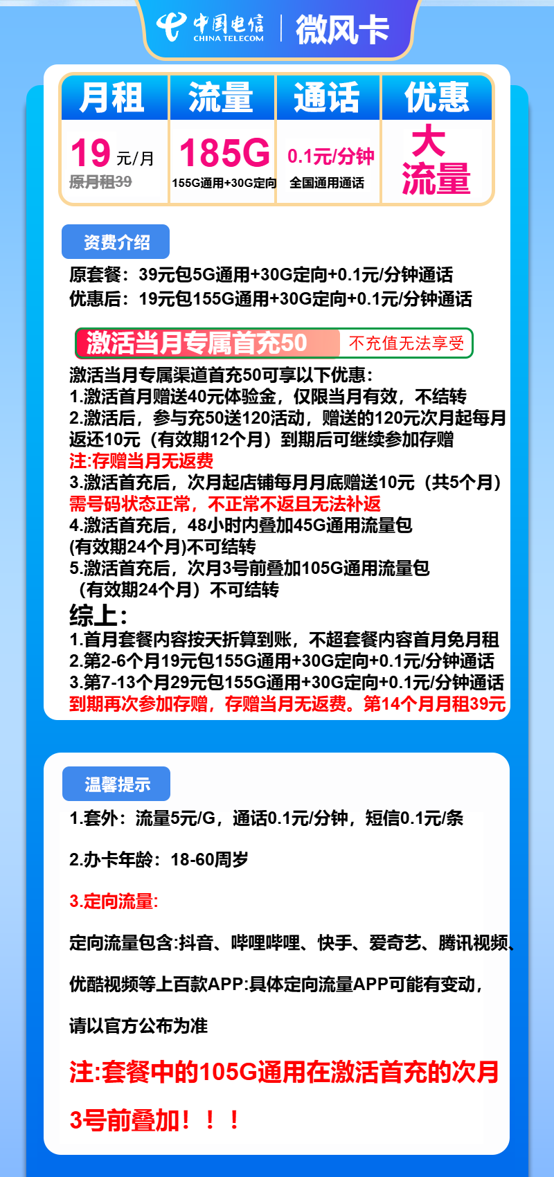 电信微风卡19元月包155G通用流量+30G定向流量+通话0.1元/分钟（第7个月起29元月租）