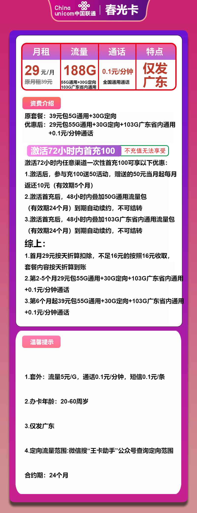 联通春光卡①29元月包55G通用流量+103G广东通用流量+30G定向流量（第6个月起39元月租，仅发广东省内，可选号）
