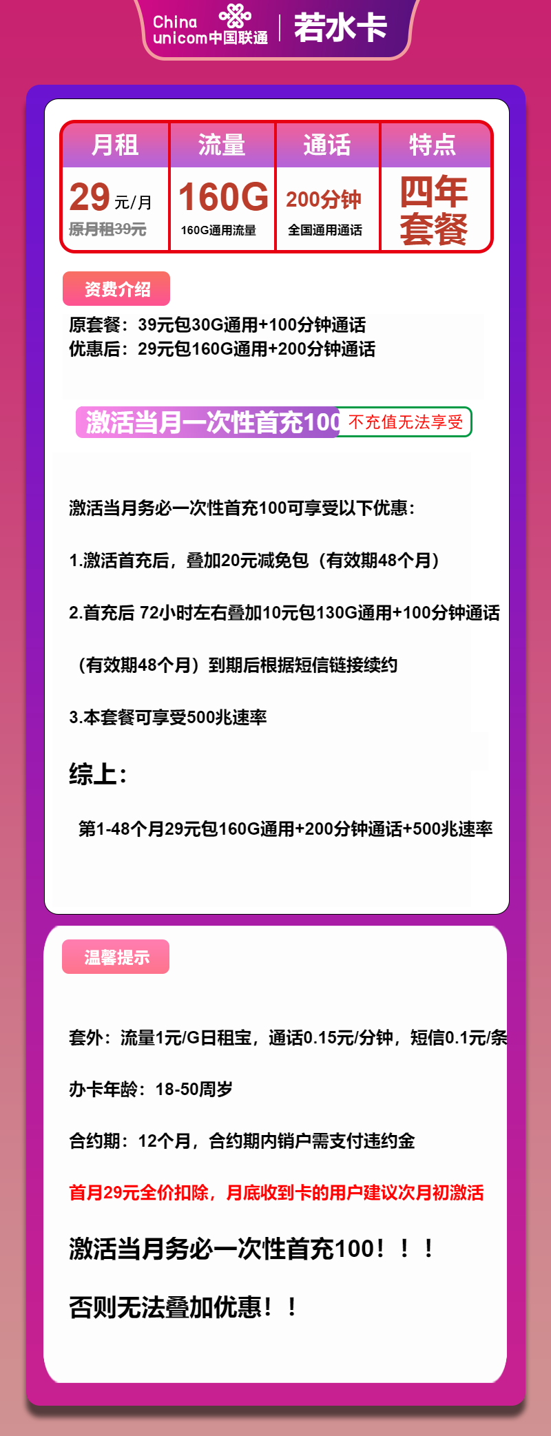 联通若水卡29元月包160G通用流量+200分钟通话