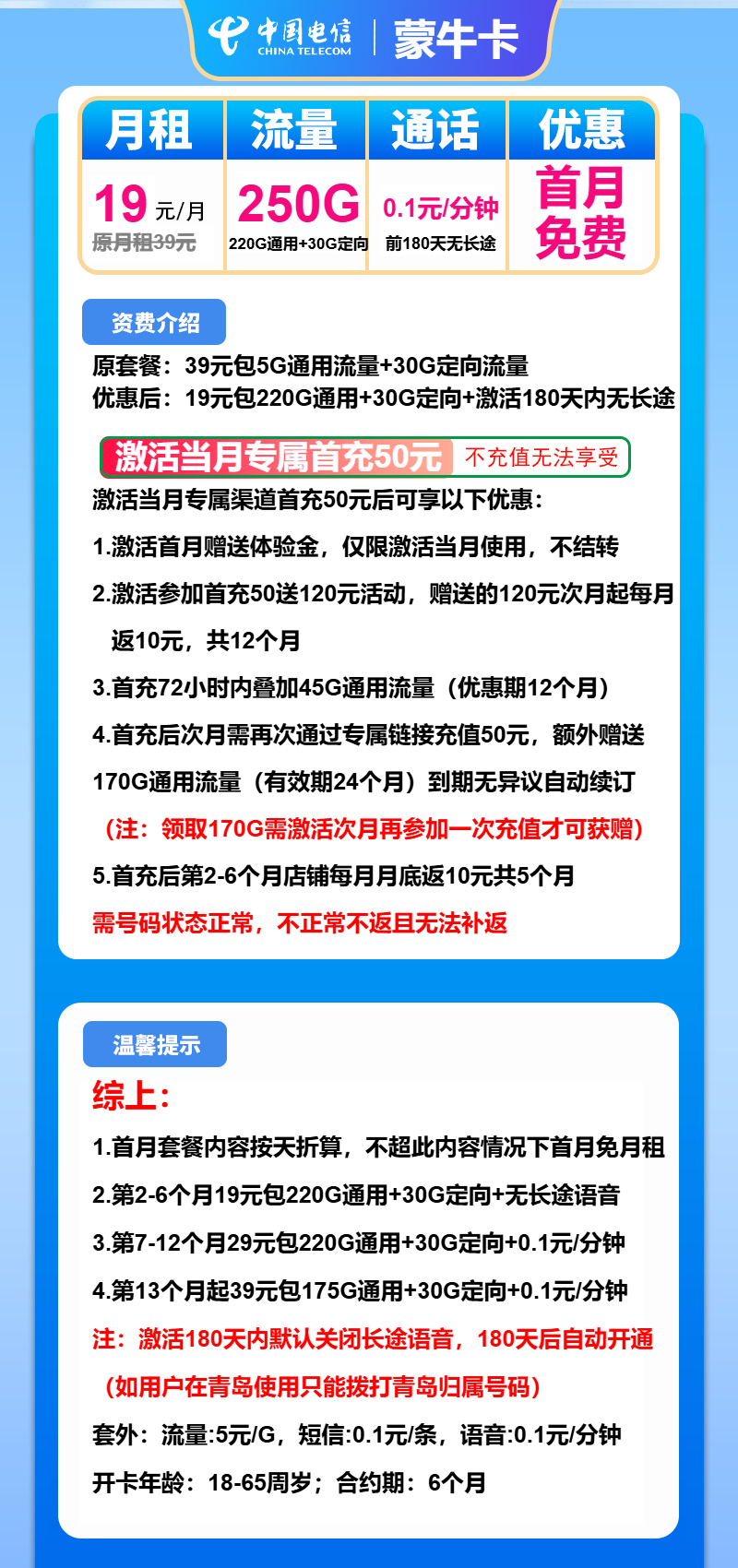 电信蒙牛卡19元月包220G通用流量+30G定向流量+通话0.1元/分钟（第7个月起29元月租，第13个月起39元月租，长期套餐）