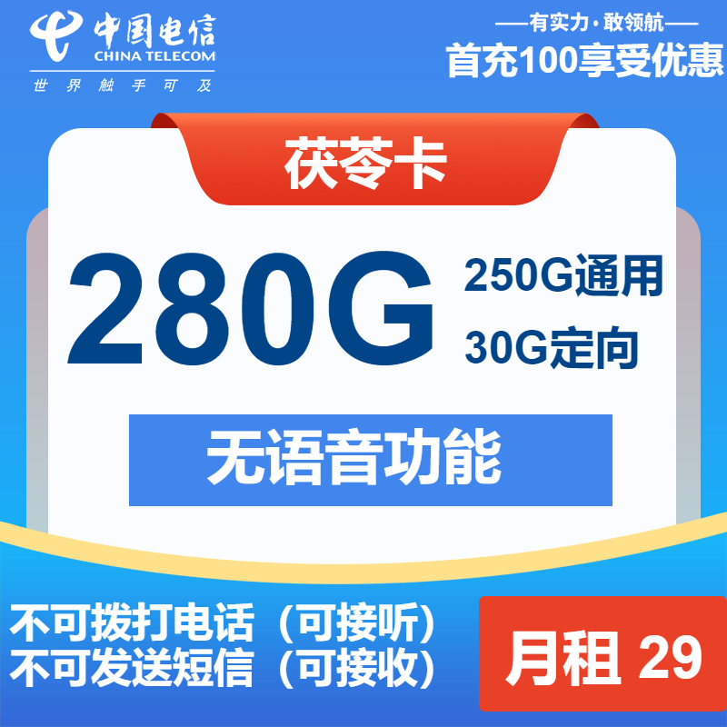 电信茯苓卡29元月包250G通用流量+30G定向流量+无语音功能