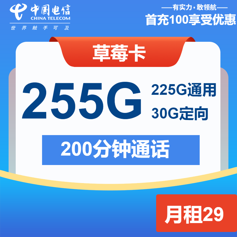 电信草莓卡29元月包225G通用流量+30G定向流量+200分钟通话（4年套餐）