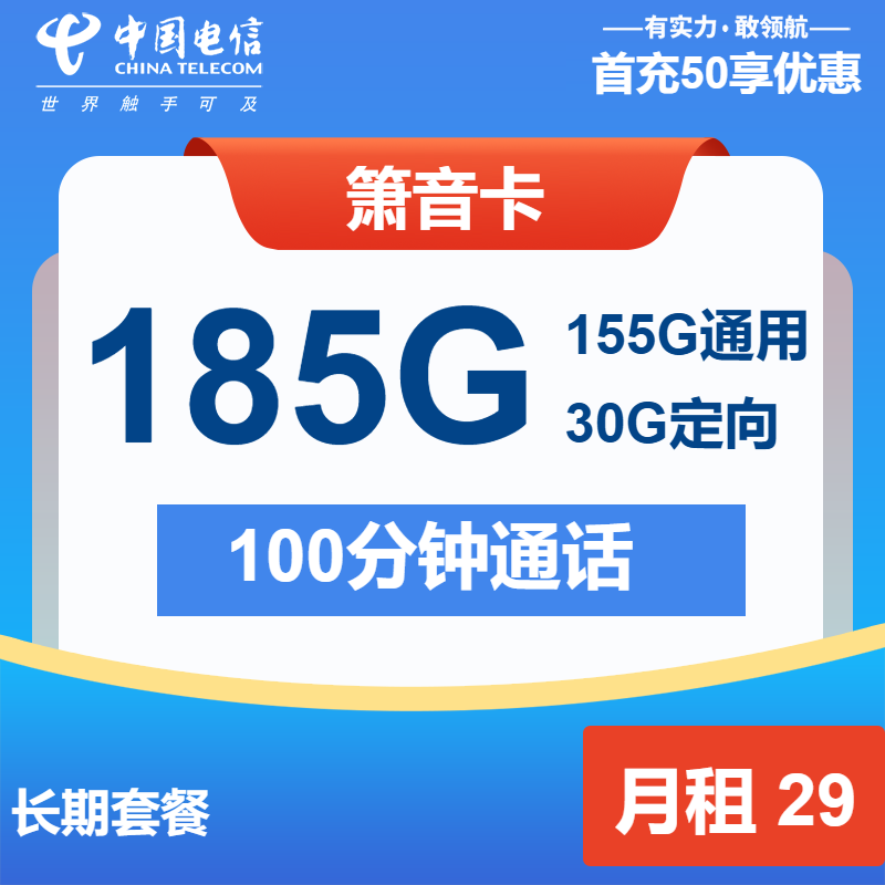 电信箫音卡29元月包155G通用流量+30G定向流量+100分钟通话（长期套餐）