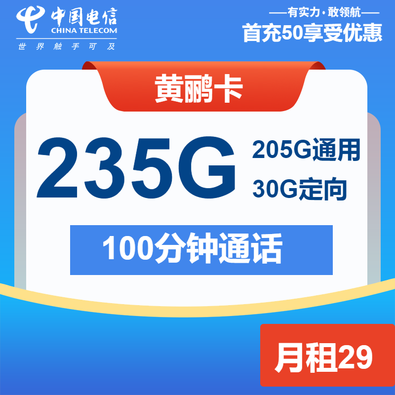 电信黄鹂卡29元月包205G通用流量+30G定向流量+100分钟通话