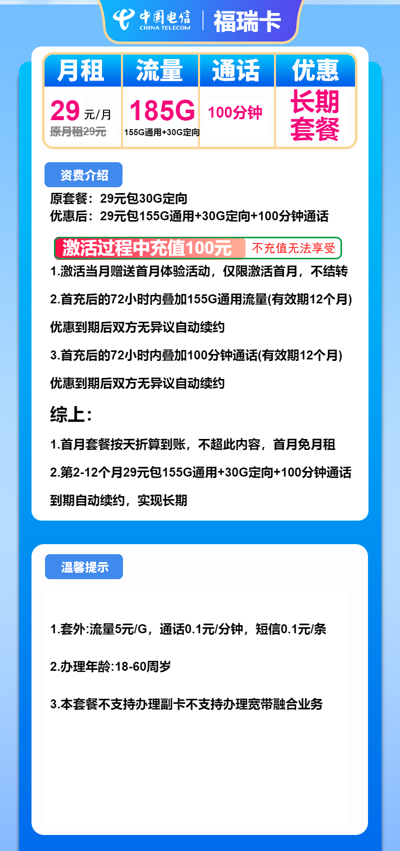 电信福瑞卡①29元月包155G通用流量+30G定向流量+100分钟通话（长期套餐）