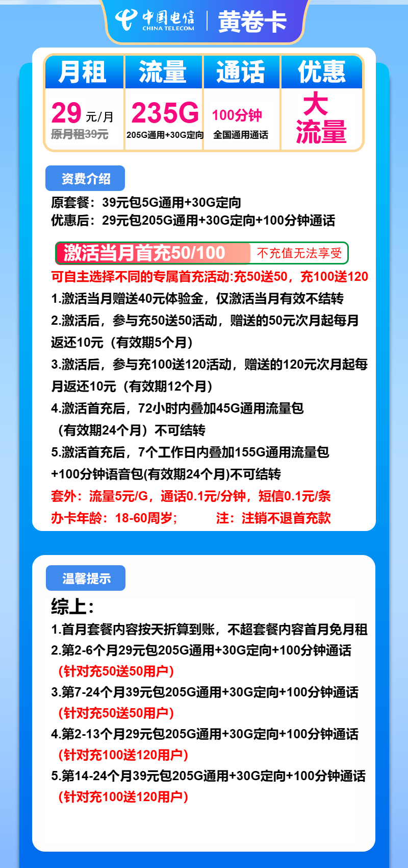 电信黄卷卡29元月包205G通用流量+30G定向流量+100分钟通话
