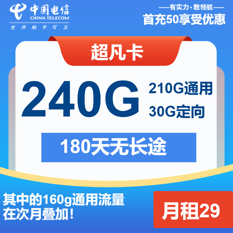 电信超凡卡①29元月包210G通用流量+30G定向流量+通话0.1元/分钟（第14个月起39元月租，长期套餐）