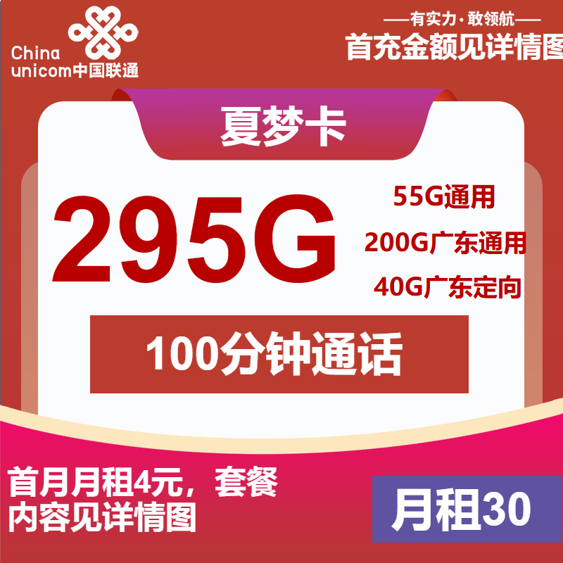 联通夏梦卡30元月包55G通用流量+200G广东通用流量+40G定向流量+100分钟通话（仅发广东省内）