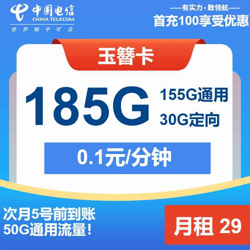 电信玉簪卡29元月包155G通用流量+30G定向流量+通话0.1元/分钟（长期套餐）