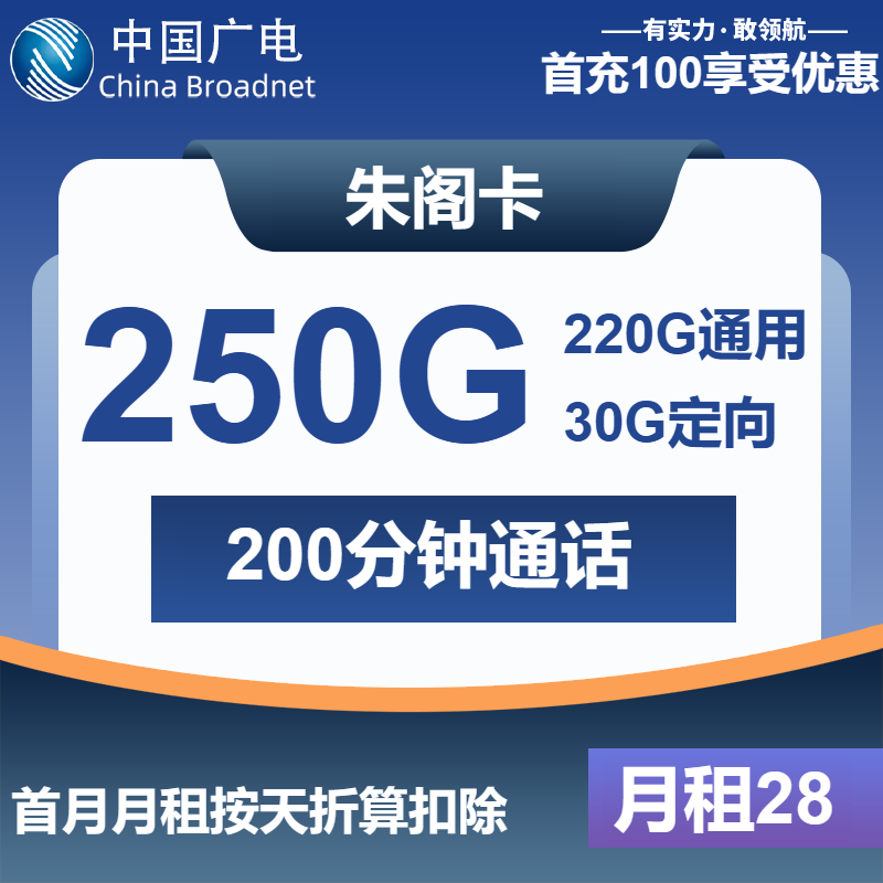 广电华阁卡38元月包260G通用流量+30G定向流量+300分钟通话（长期套餐）