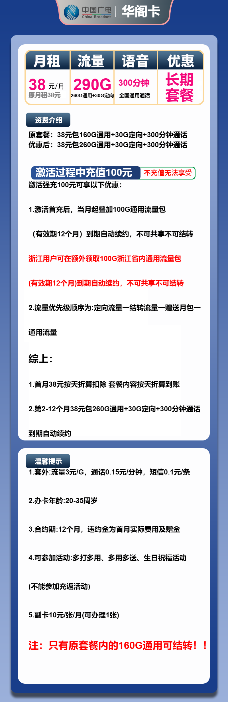 广电华阁卡38元月包260G通用流量+30G定向流量+300分钟通话（长期套餐）