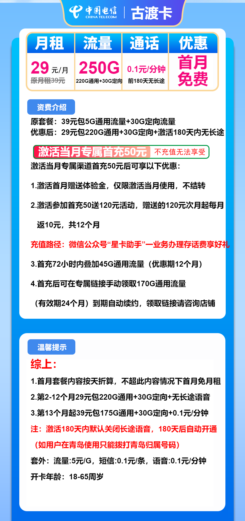 电信古渡卡29元月包220G通用流量+30G定向流量+通话0.1元/分钟（第13个月起39元月租，长期套餐）