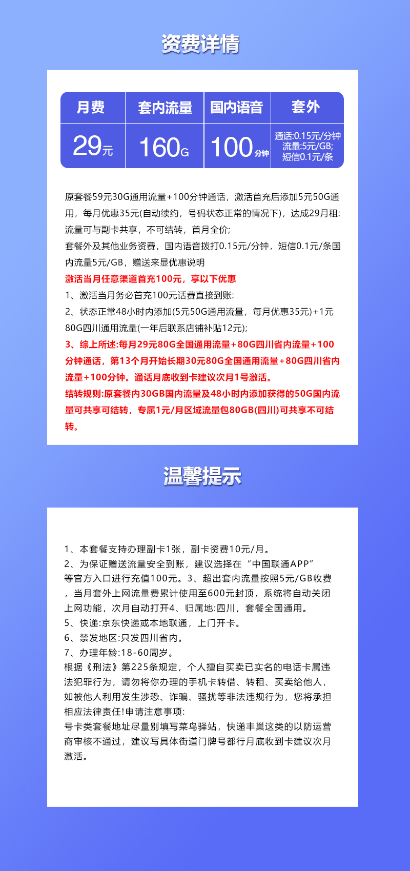 联通四川省内专属卡29元月包80G通用流量+80G四川通用流量+100分钟通话(长期套餐。仅发四川省内,可选号)