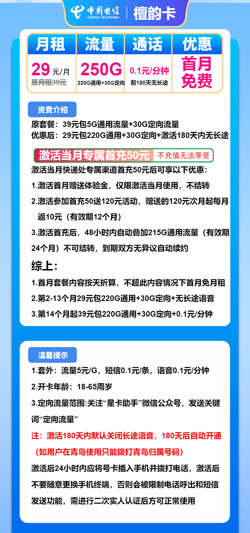电信檀韵卡29元月包220G通用流量+30G定向流量+通话0.1元/分钟（第13个月起39元月租，长期套餐）