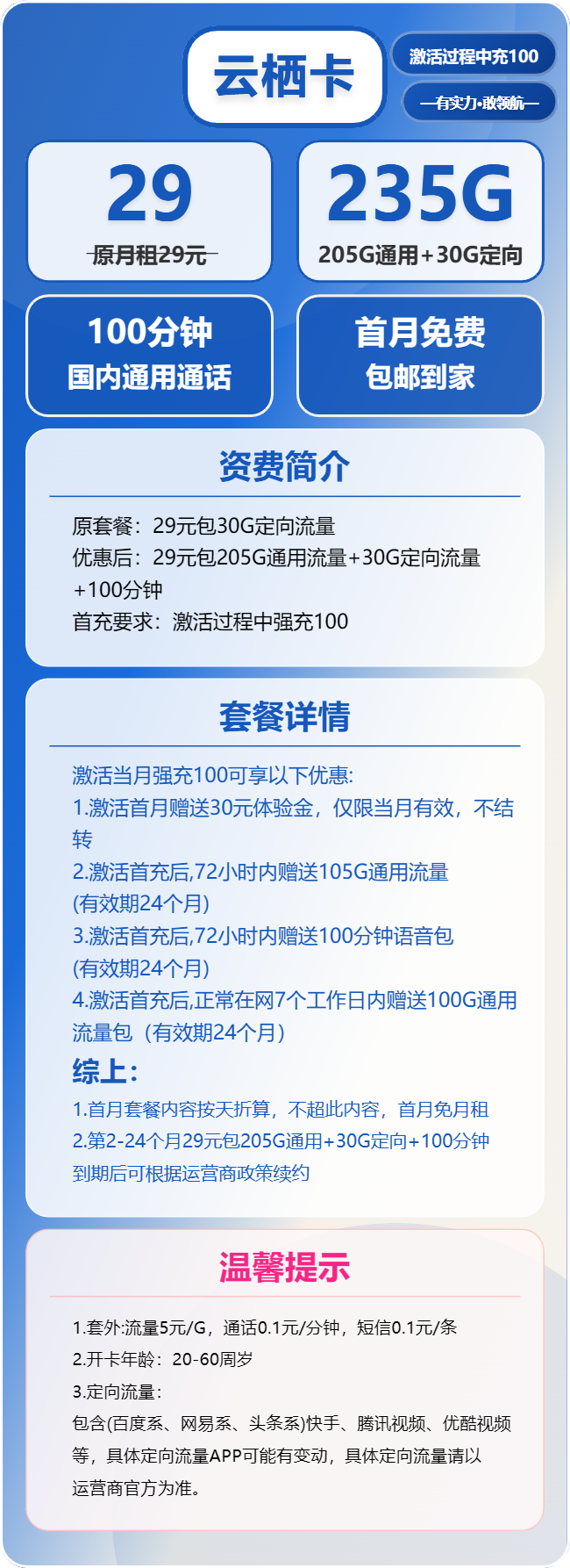电信云栖卡29元月包205G通用流量+30G定向流量+100分钟通话（长期套餐）