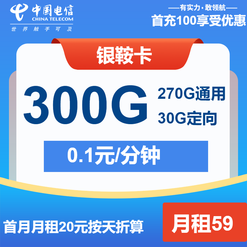 电信银鞍卡59元月包270G通用流量+30G定向流量+通话0.1元/分钟（长期套餐）