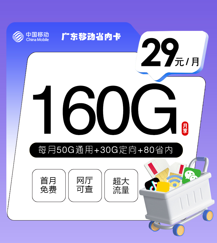 移动广东省内卡29元月包50G通用流量+80G通用流量+30G定向流量+通话0.19元/分钟（仅发广东省内）