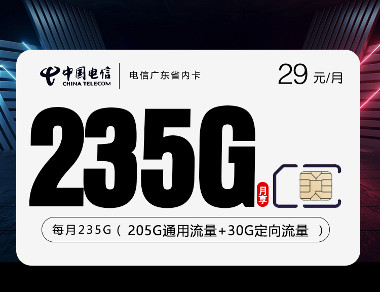 电信广东省内卡③29元月包205G通用流量+30G定向流量+100分钟通话（长期套餐，仅发广东省内）