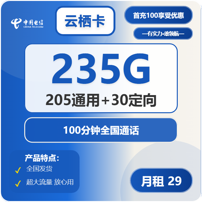 电信云栖卡29元月包205G通用流量+30G定向流量+100分钟通话（长期套餐）
