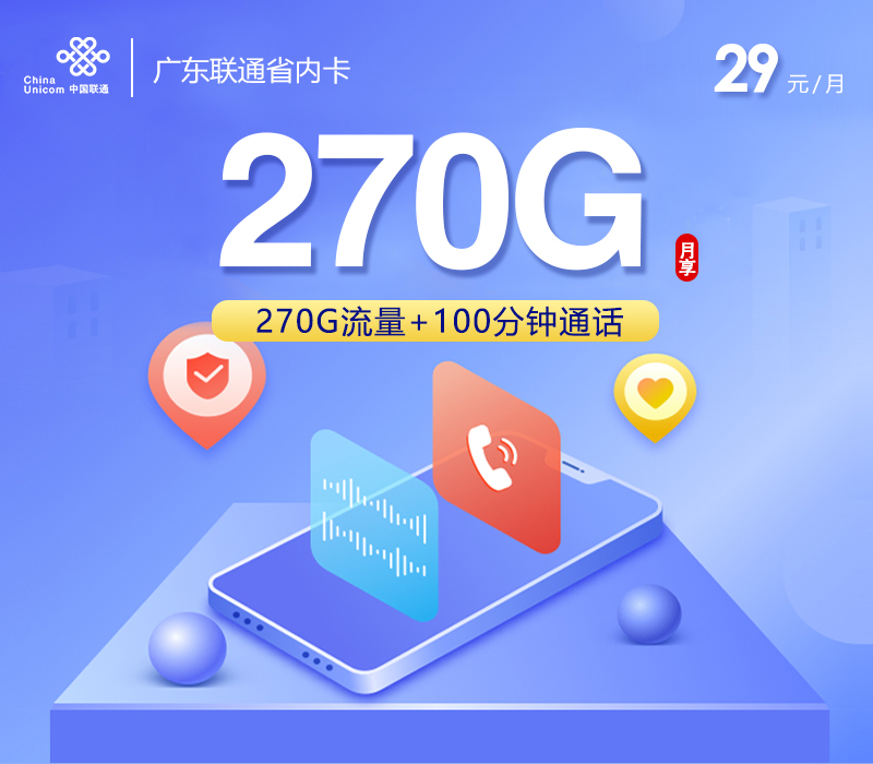 联通广东省内卡①29元月包55G通用流量+200G广东通用流量+40G定向流量+100分钟通话（仅发广东省内）