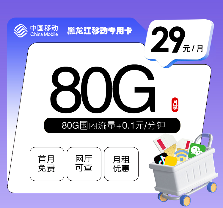 黑龙江移动专用卡29元月包50G通用流量+30G定向流量+通话0.1元/分钟（仅发黑龙江省内）