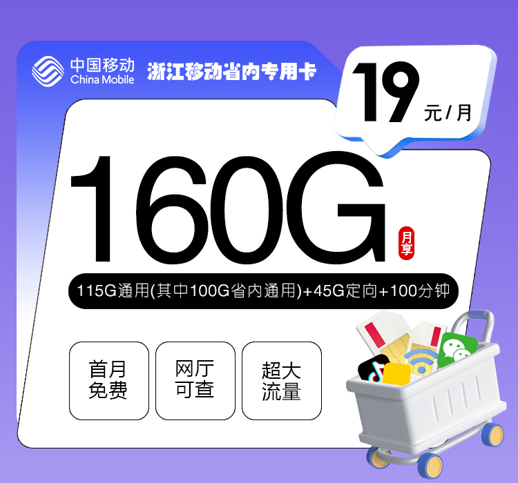 移动浙江省内专用卡19元月包15G通用流量+100G浙江通用流量+45G定向流量+100分钟通话（第7个月起29元月租，第14个月起39元月租，3年套餐，仅发浙江省内）