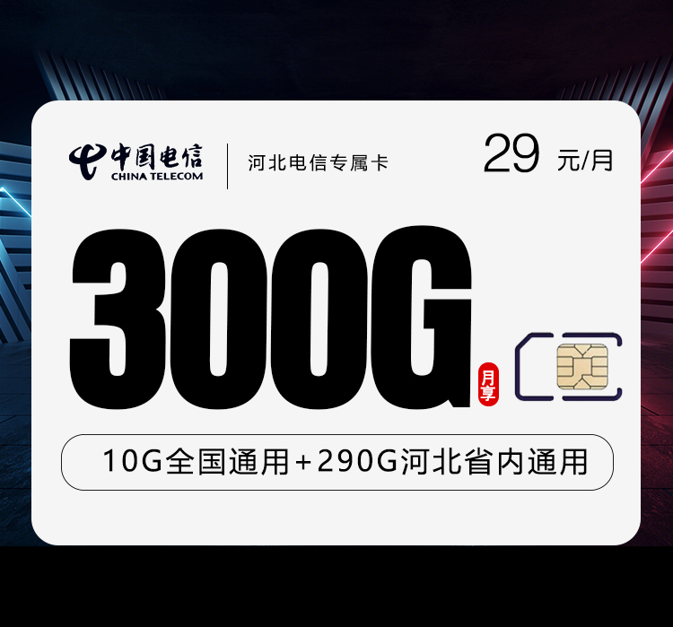河北电信专属卡29元月包10G通用流量+290G河北通用流量+无语言功能（长期套餐）