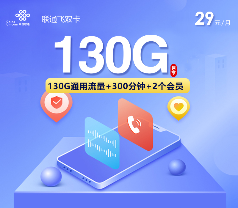 联通飞双卡29元月包130G通用流量+300分钟通话+2个视频会员（长期套餐）