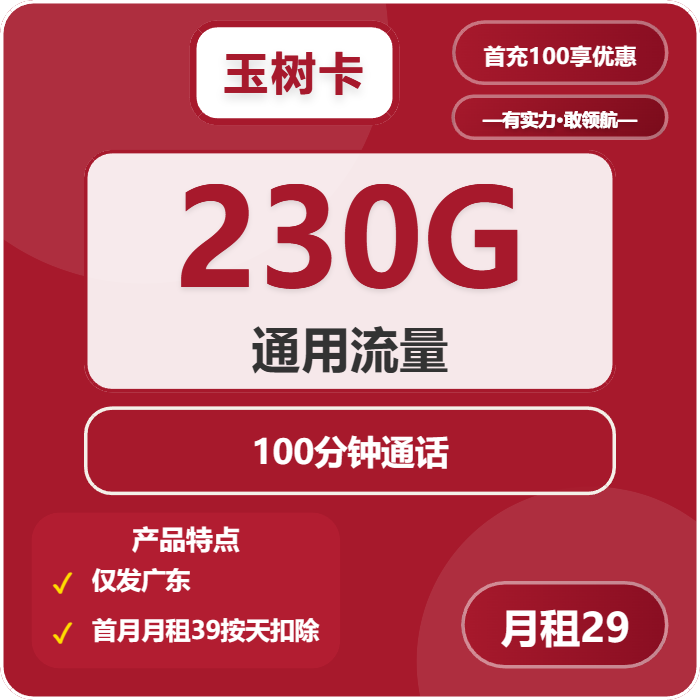 联通玉树卡29元月包230G通用流量+100分钟通话（4年套餐，仅发广东省内）