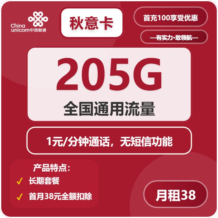 联通秋意卡38元月包205G通用流量+通话1元/分钟（长期套餐）