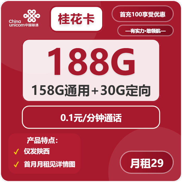 联通桂花卡29元月包158G通用流量+30G定向流量+通话0.1元/分钟（第7个月起39元月租，长期套餐，仅发陕西省内，可选号）