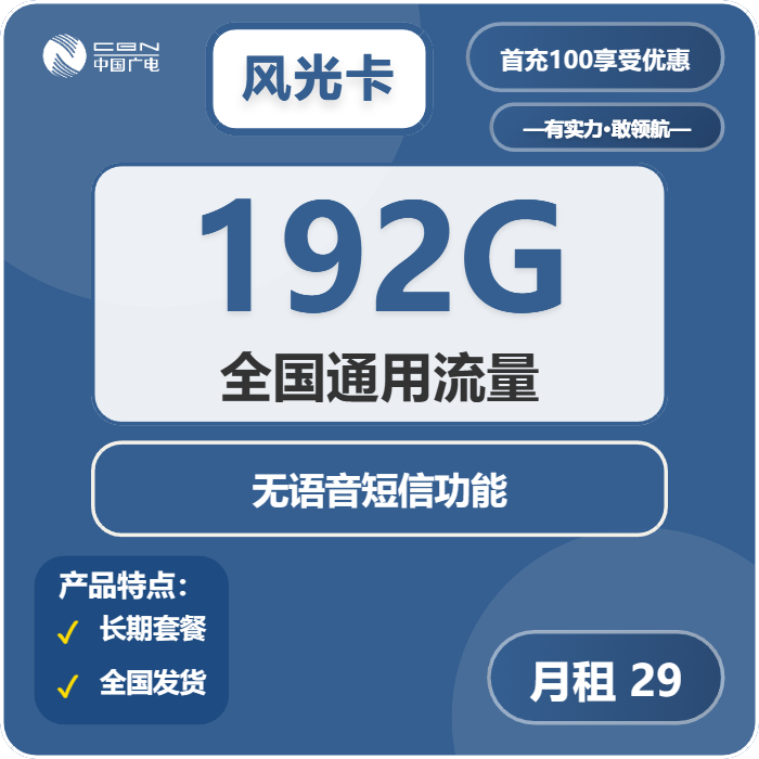广电风光卡29元月包192G通用流量+无语音功能（长期套餐）