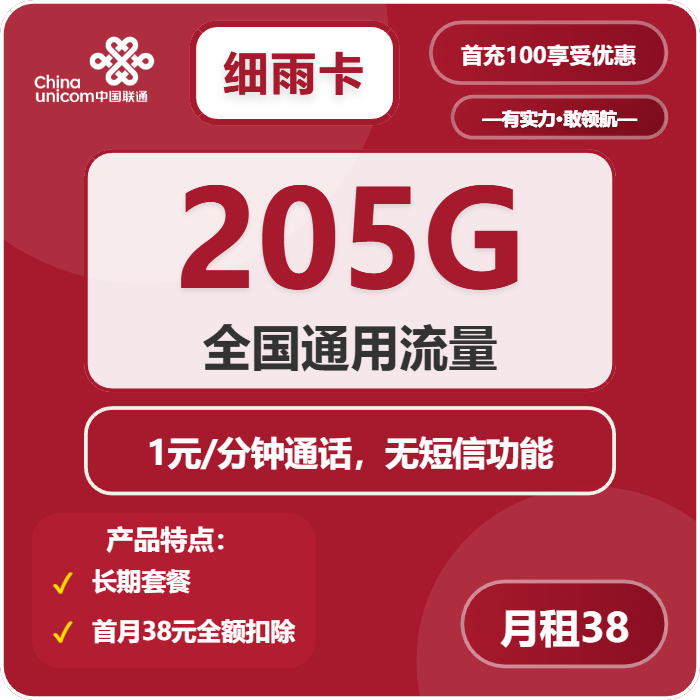 联通细雨卡38元月包205G通用流量+通话1元/分钟（长期套餐）