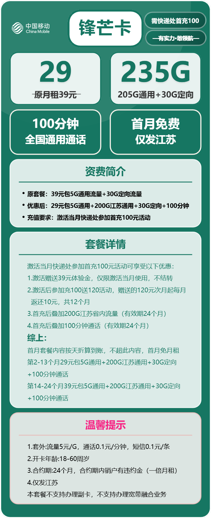 移动锋芒卡29元月包205G通用流量+30G定向流量+100分钟通话(第14个月起39元月租,2年套餐,仅发江苏省内,可选号)