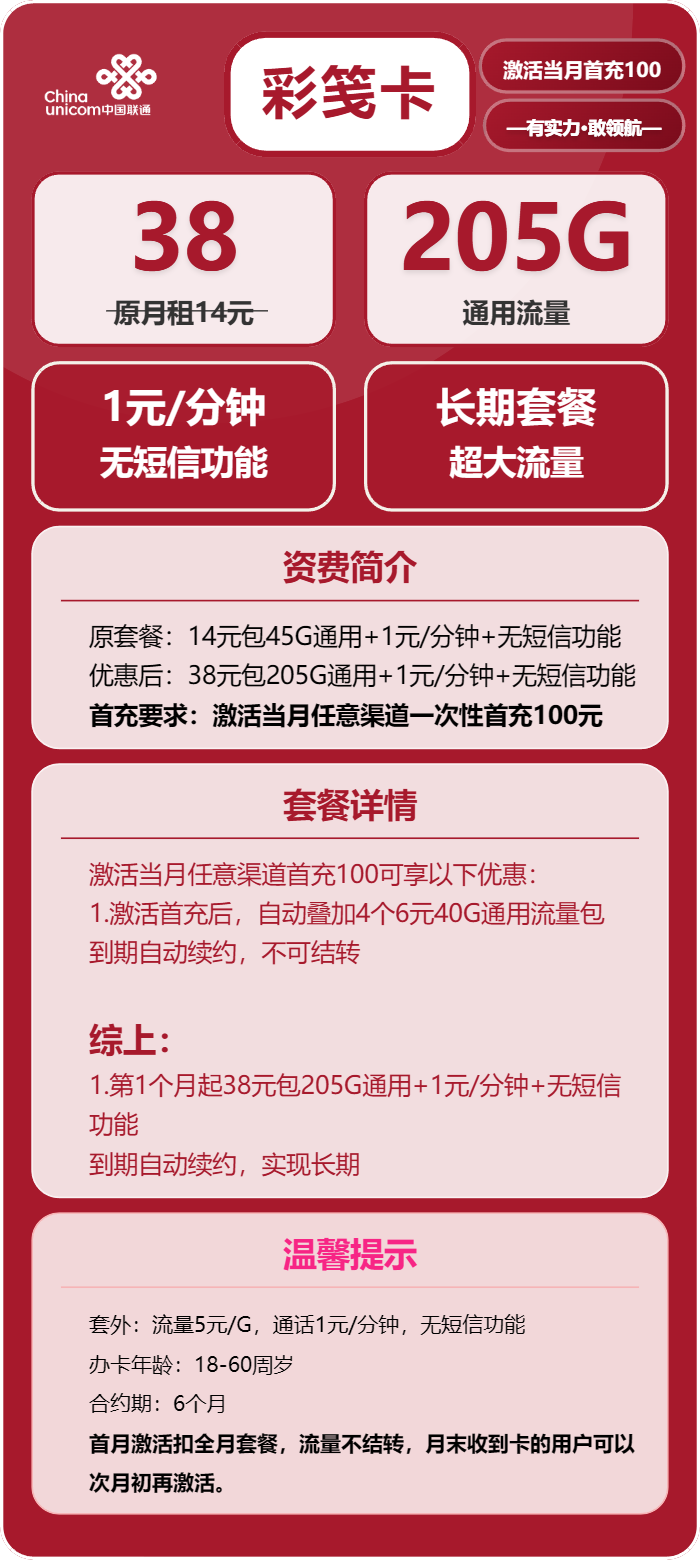 联通彩笺卡38元月包205G通用流量+通话1元/分钟(长期套餐)